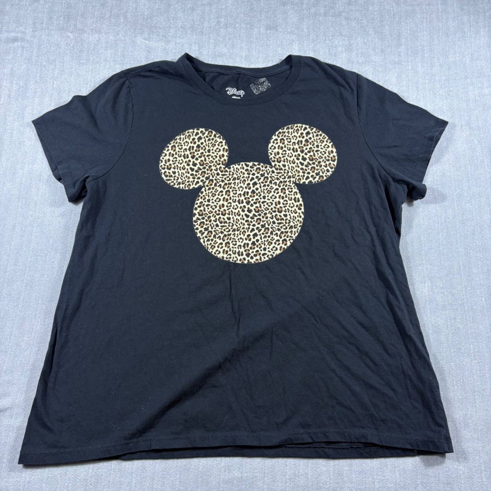 Disney T-Shirt Women XL Black Mickey Mouse Leopard Print Graphic Short Sleeve
